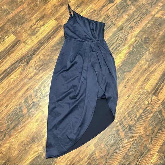 Lulus Navy Blue One-Shoulder Asymmetrical Midi-Dress size Small - Picture 2 of 10